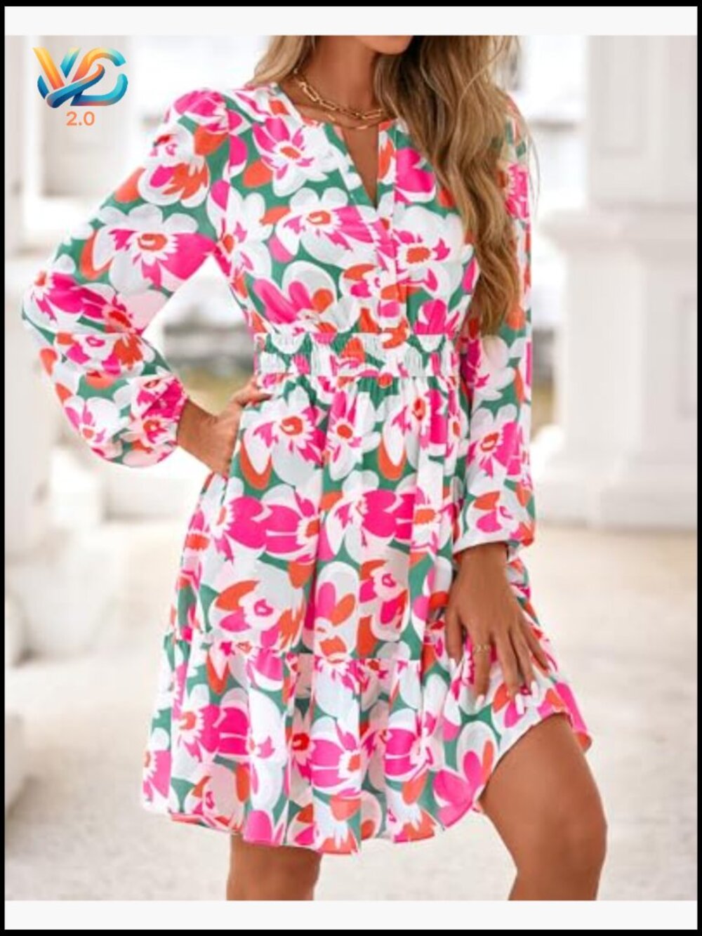 Mini Long Sleeve A-Line Dress with Pockets V-Neck - Picture 5 of 7